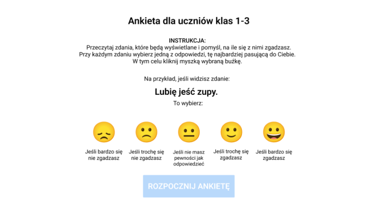 Grafika przedstawia instrukcję ankiety dla uczniów klas 1-3, gdzie odpowiedzi są reprezentowane przez emotikony odzwierciedlające stopień zgody lub niezdecydowania.